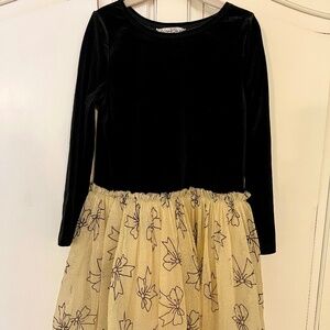 Girls Velour and Tulle Black & Gold Dress with Bow Print Skirt